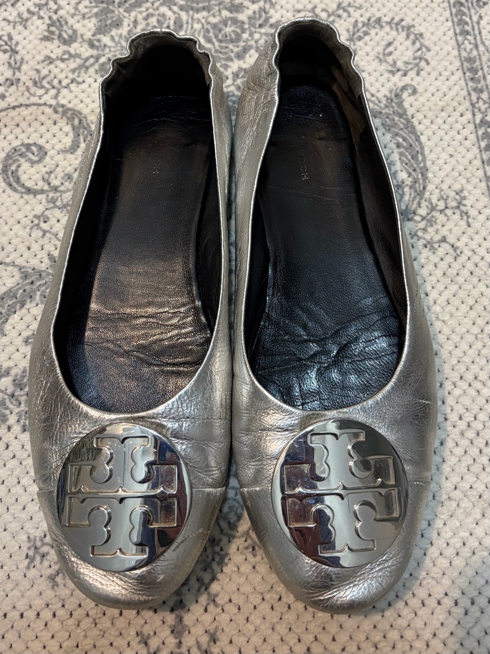Tory Burch Metallic Silver Logo Ballet Flats - Priced to reflect wear